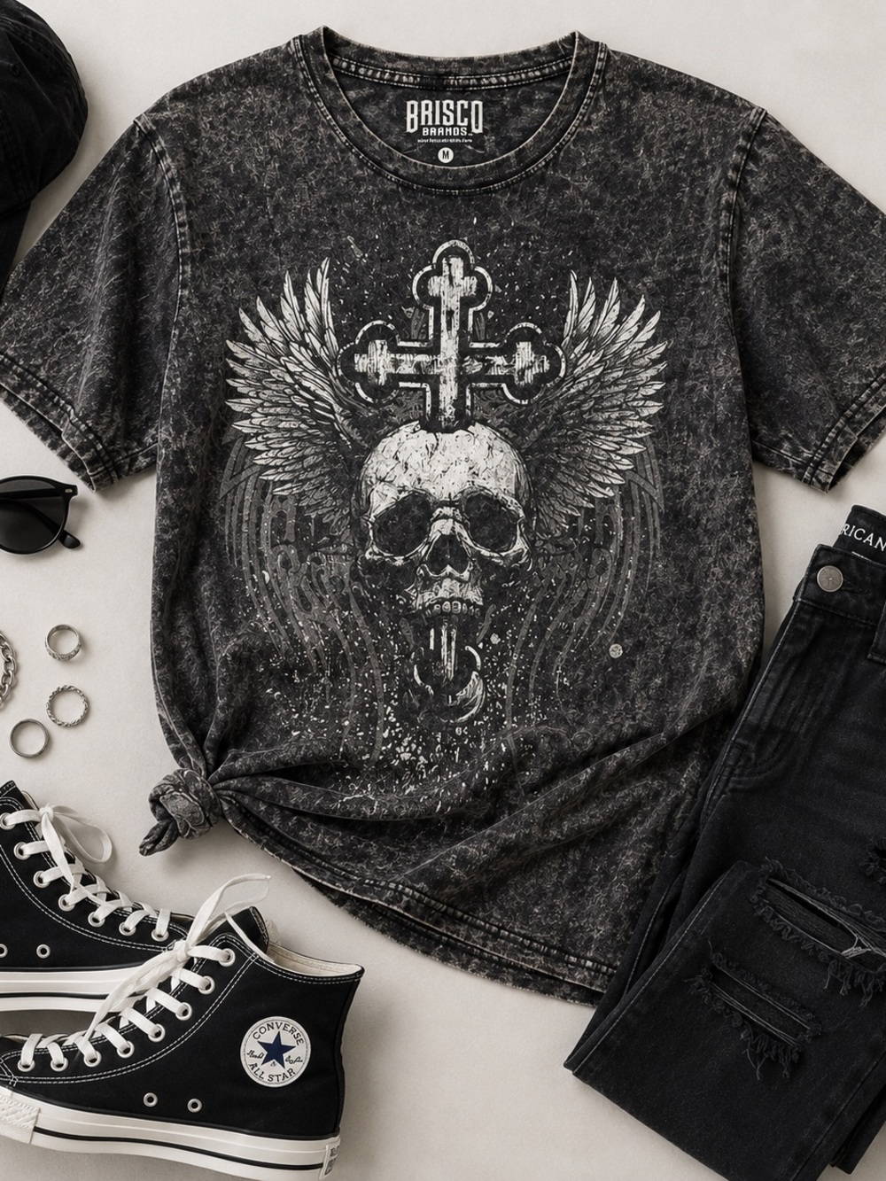 Brisco Brands Black Mineral Wash Skull Graphic Tee